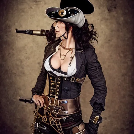 Prompt: full body photo of a steampunk pirate woman, hyperrealistic