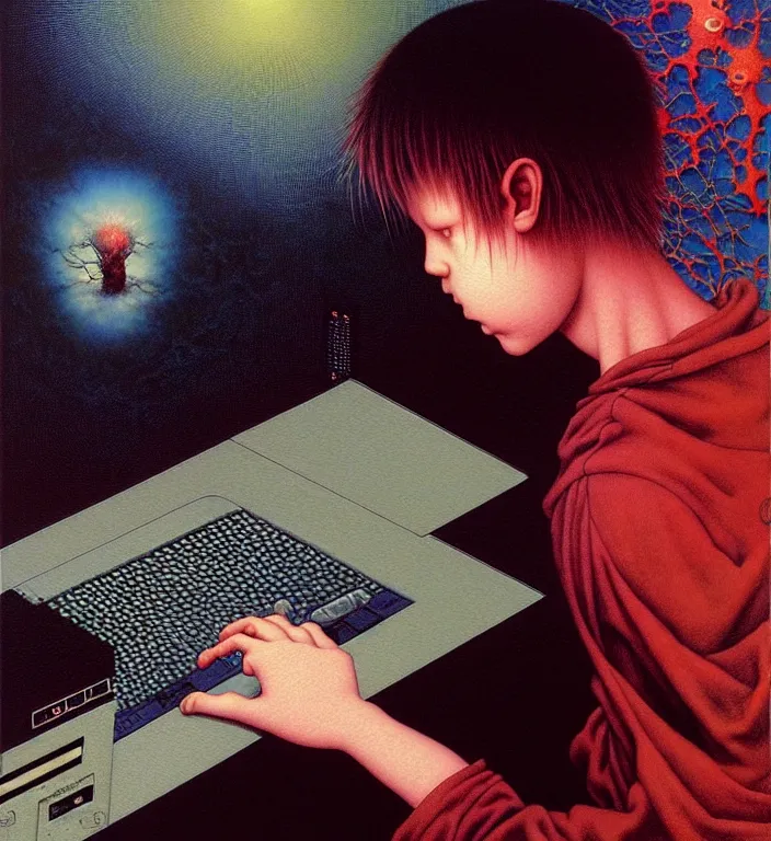 Image similar to boy looking at the PC computer from 90s by Laurie Lipton, grainy film kodak, by Ayami Kojima, Mark Brooks, rich deep colors. Beksinski painting, part by Adrian Ghenie and Gerhard Richter. art by Takato Yamamoto. masterpiece