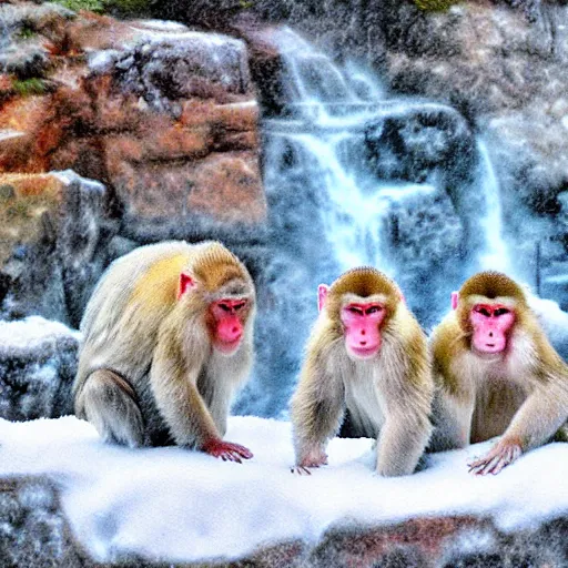 Prompt: snow monkeys at the mountain spa, digital art by Steve Henderson, desaturated colors