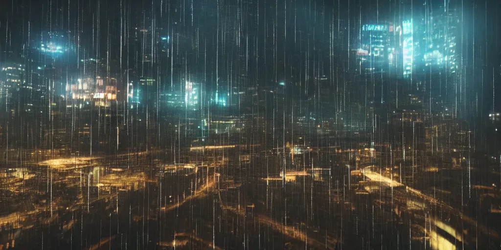 Prompt: a beautiful photo of a scifi scity at night seen behind a large windowpane with rain drops on it, cinematic, high definition, 8k, octane render, trending on artstation