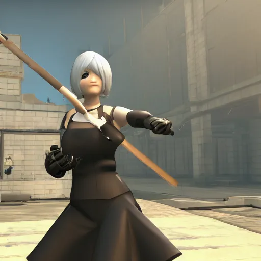 Image similar to 2B nier automata in Team fortress 2, 4k screenshot of Team fortress 2 gameplay, 8k hdr showcase