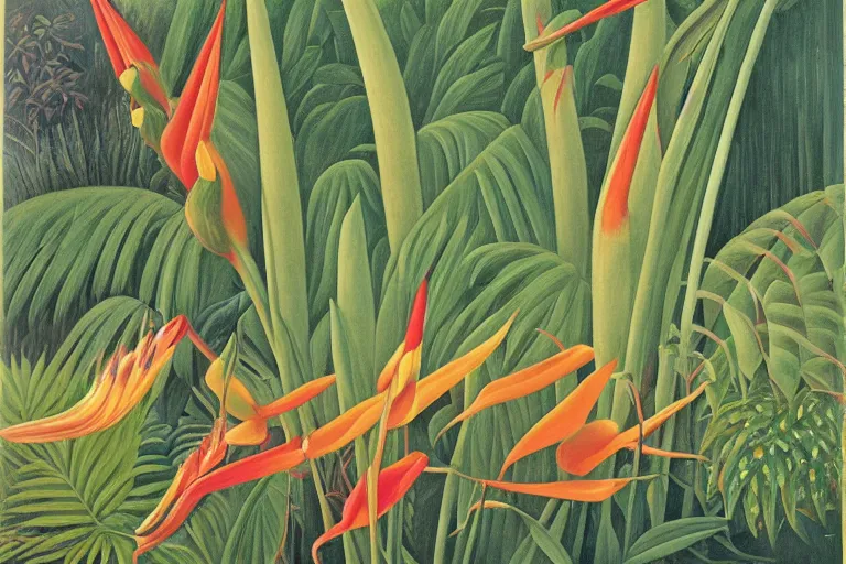 Image similar to heliconia in a graden, art by Henri Rousseau