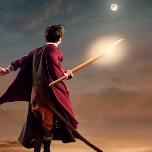 Prompt: Harry potter riding a broomstick, back view, cinematic shot, movie still, nighttime, motion lines, intense scene, movement, vivid colors, crescent moon, Tooth Wu, Asher Duran, Greg Rutkowski, Minor Blur, 8k