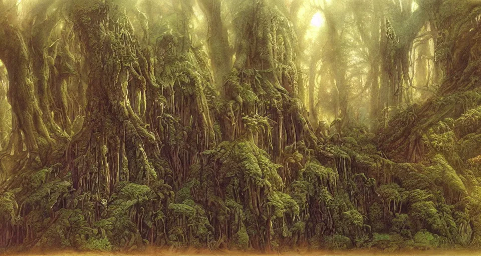 Image similar to Enchanted and magic forest, by john howe