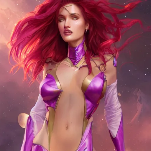 Image similar to ultra realistic illustration, bella thorne as starfire anime, intricate, elegant, highly detailed, digital painting, artstation, concept art, smooth, sharp focus, illustration, art by artgerm and greg rutkowski and alphonse mucha and wlop