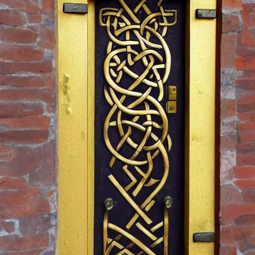 Prompt: wooden door made of gold gates nordic celtic in the top piece of a phoenix