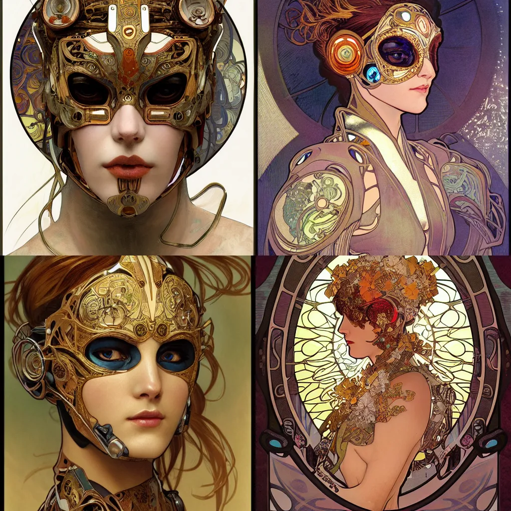 Prompt: A close-up portrait of a beautiful female cyborg wearing an intricate venetian mask by Alphonse Mucha, exposed inner structure, glowing eyes, art nouveau card, wlop, trending on artstation