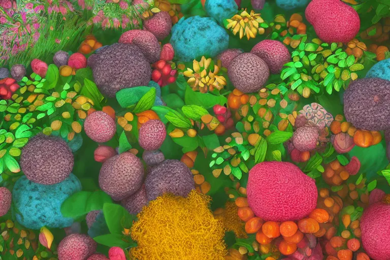 Prompt: super detailed color art, a lot of small garden flowers, A multiverse of berries, unreal engine, wes anderson color palette, 3d render, colorful, digital art