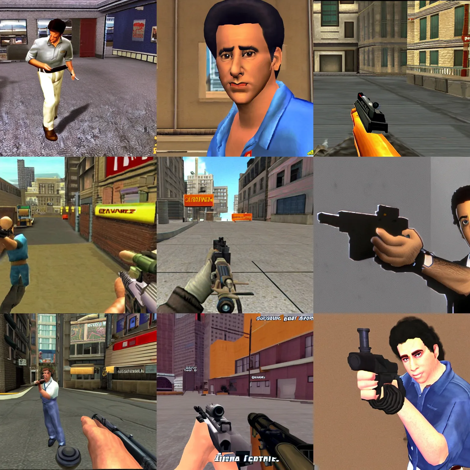 Prompt: Seinfeld as a 2002 multiplayer first person shooter for PS2, retro 3D gameplay emulator screenshot, ESRB Mature, first person gun