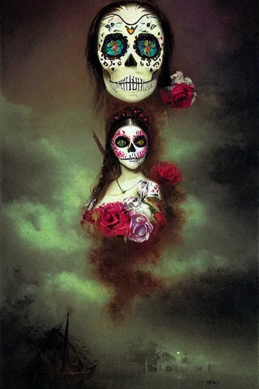 Image similar to illustration of a sugar skull day of the dead girl, art by Ivan Aivazovsky