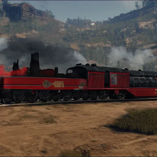 Image similar to futuristic sleek steam locomotive in red dead redemption 2