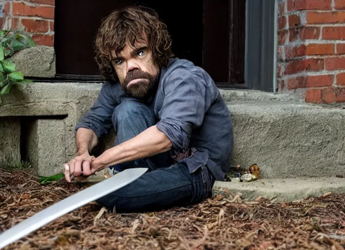 Prompt: peter dinklage crawling from under a porch with a knife in his mouth at night, movie still, from the new sweet home alabama movie, 8 k, realistic