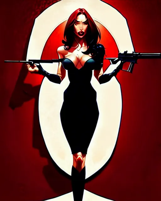 Image similar to artgerm, joshua middleton comic cover art, full body pretty megan fox holding a shotgun, red dress, symmetrical eyes, symmetrical face, long curly black hair, dark city background, cinematic lighting