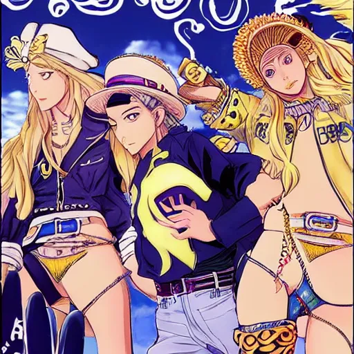 Image similar to blonde girl , JoJo cover art, style of Steel Ball Run cover art, style of JoJolion cover art, illustrated by Hirohiko Araki