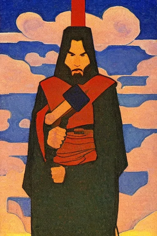 Image similar to thor with mjollnir, marvel, artwork by nicholas roerich,