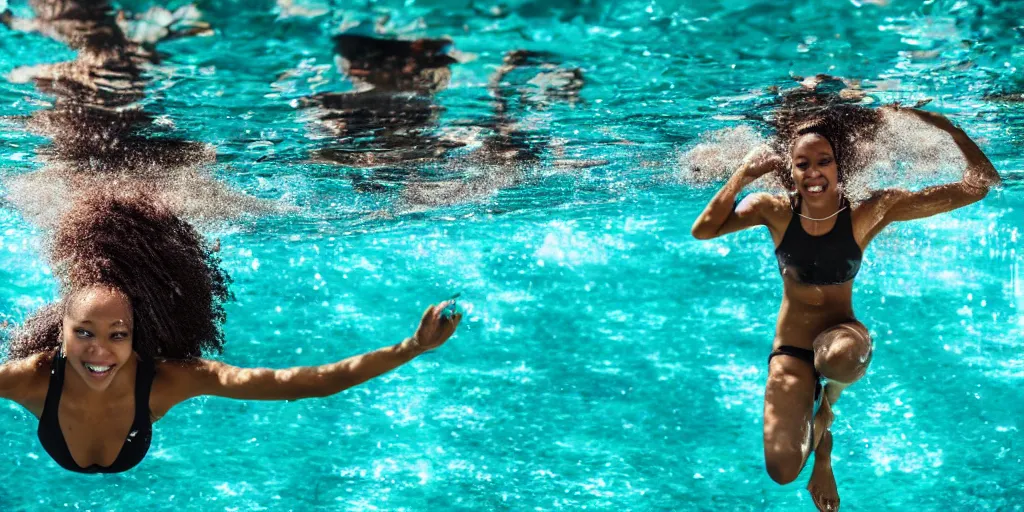 Image similar to Photography of a female black athletic skinny woman, taken under water in a pool in summer, she just jumped into water, many bubbles and rays of sun