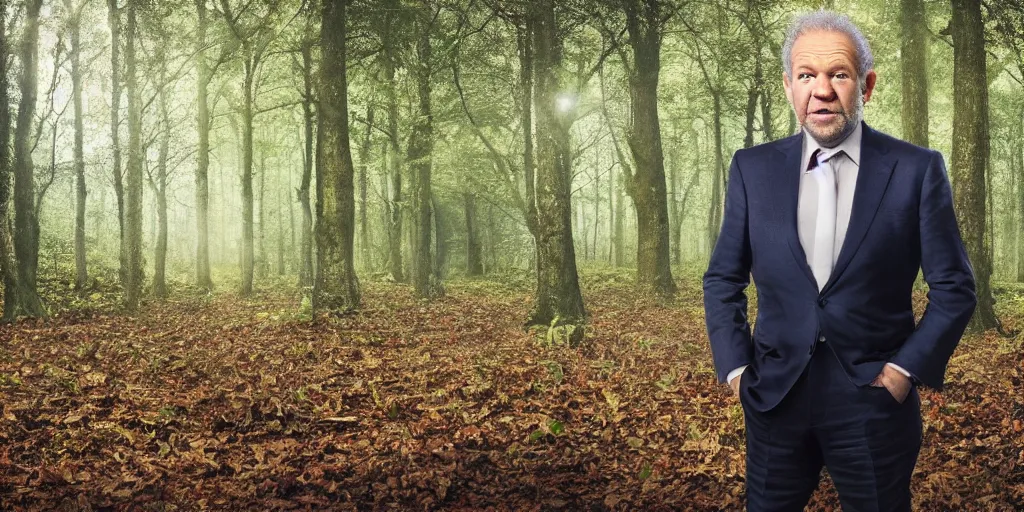 Prompt: alan sugar in a forest eating leaves