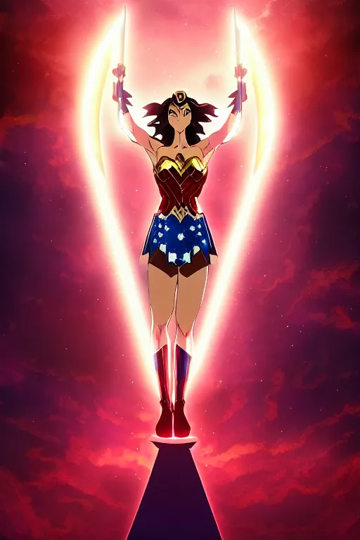 Prompt: Anime key visual of Wonder Woman holding her sword in the air with a beam of light shining on it, intricate, magical island, stunning, digital painting, artstation, illustration, graphic design, soft lighting, sword reflection, ethereal
