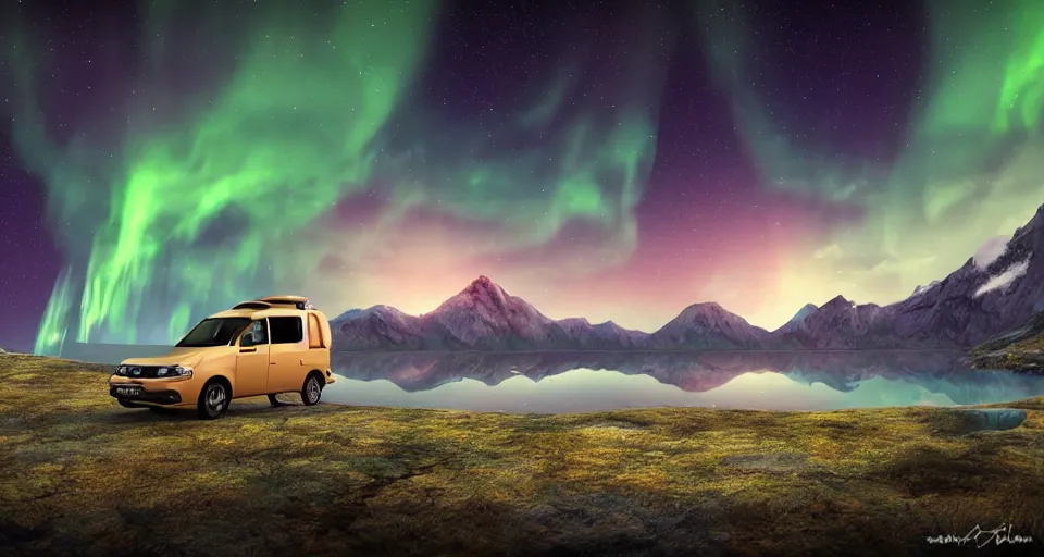 Prompt: An epic fantasy style landscape painting of a Mountainrange and a lake, with a starry sky and breathtaking aurora and a beige Volkswagen Caddy Campervan 4x4, unreal 5, DAZ, hyperrealistic, octane render, volumetric clouds dynamic lighting