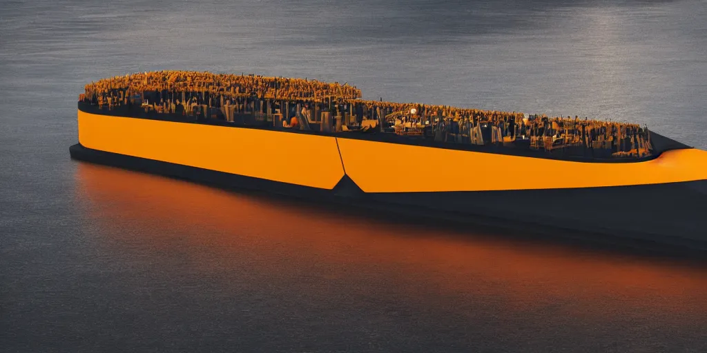 Prompt: futuristic barge ship, yellow - orange color, wide - angle lens, dramatic lighting, cool marketing photo