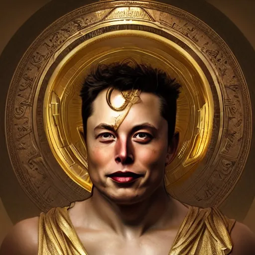 Prompt: portrait of Elon Musk as a greek god, marble statue, greek mythology, gold crown and filaments, intricate, headshot, highly detailed, digital painting, artstation, concept art, sharp focus, cinematic lighting, illustration, art by artgerm and greg rutkowski, alphonse mucha, cgsociety