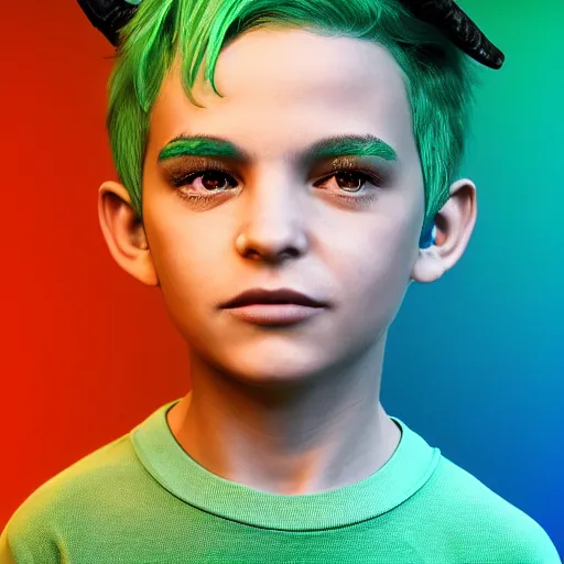 Prompt: a portrait of a boy with mintgreen hair and two devil horns and an eye patch. octane rendering, cinematic, hyperrealism, octane rendering, 8k, depth of field, bokeh. iridescent accents. vibrant. teal gold and mint color scheme