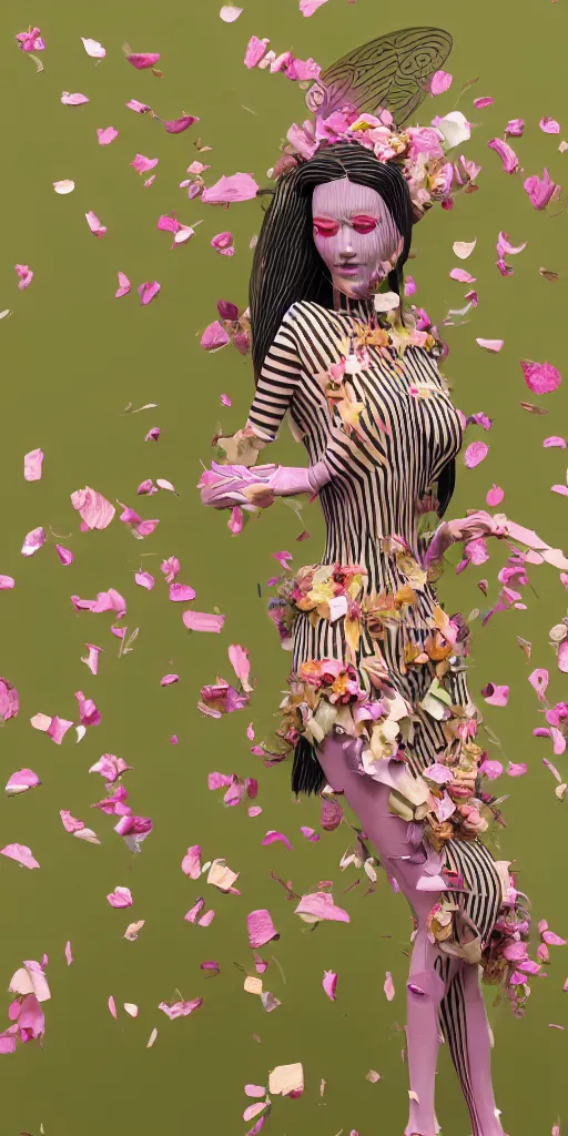 Image similar to an anthromorphic beautiful bee woman wearing striped couture made out of wax and paper and flower petals, running in a papercraft field of flowers, trending on Art Station, 3D, octane render,