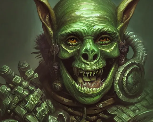 Image similar to a mind - blowing portrait of a goblin chieftain, wearing a skeleton armor, green, deep focus, d & d, fantasy, intricate, elegant, highly detailed, digital painting, artstation, concept art, matte, sharp, illustration, hearthstone, art by artgerm and greg rutkowski and alphonse mucha