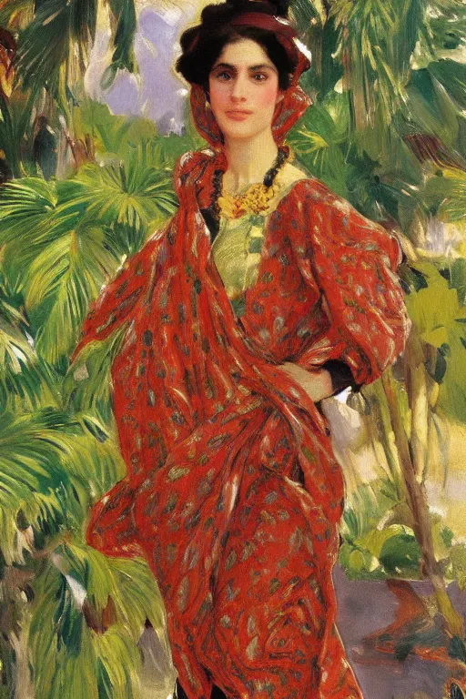 Image similar to a girl with arabesque red and green and golden detailed scarf on persian carpet, mexican palms in back, painting by john singer sargent