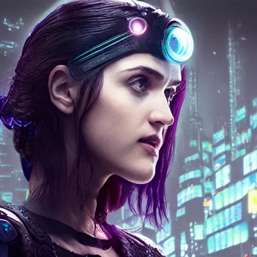 Image similar to Katie McGrath as Cyberpunk Morgana