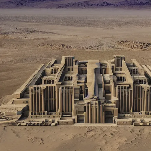 Image similar to world's largest private residence, located in the midst of the nevadan desert, inspired by the architecture of the ancient egyptian temples, trending on artstation, unsplash, overhead view!!!!!, cgsociety contest winner, 4 k photorealism, 4 k quality