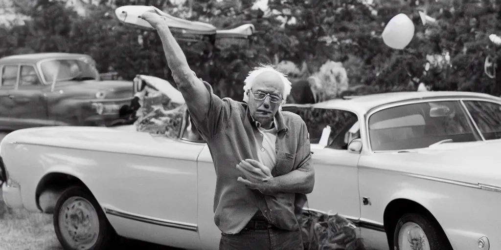 Image similar to bernie sanders, muscular, holding car above head