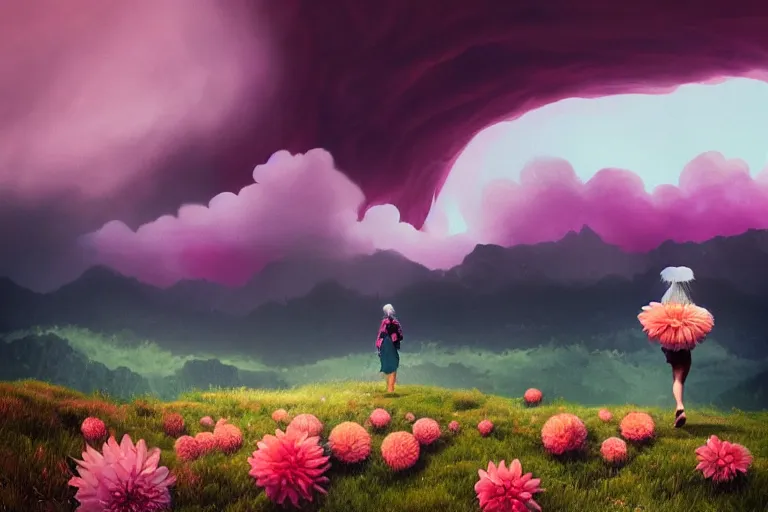 Image similar to giant dahlia flower on - head, girl walking on mountain, surreal photography, pink storm clouds, dramatic light, impressionist painting, digital painting, artstation, simon stalenhag