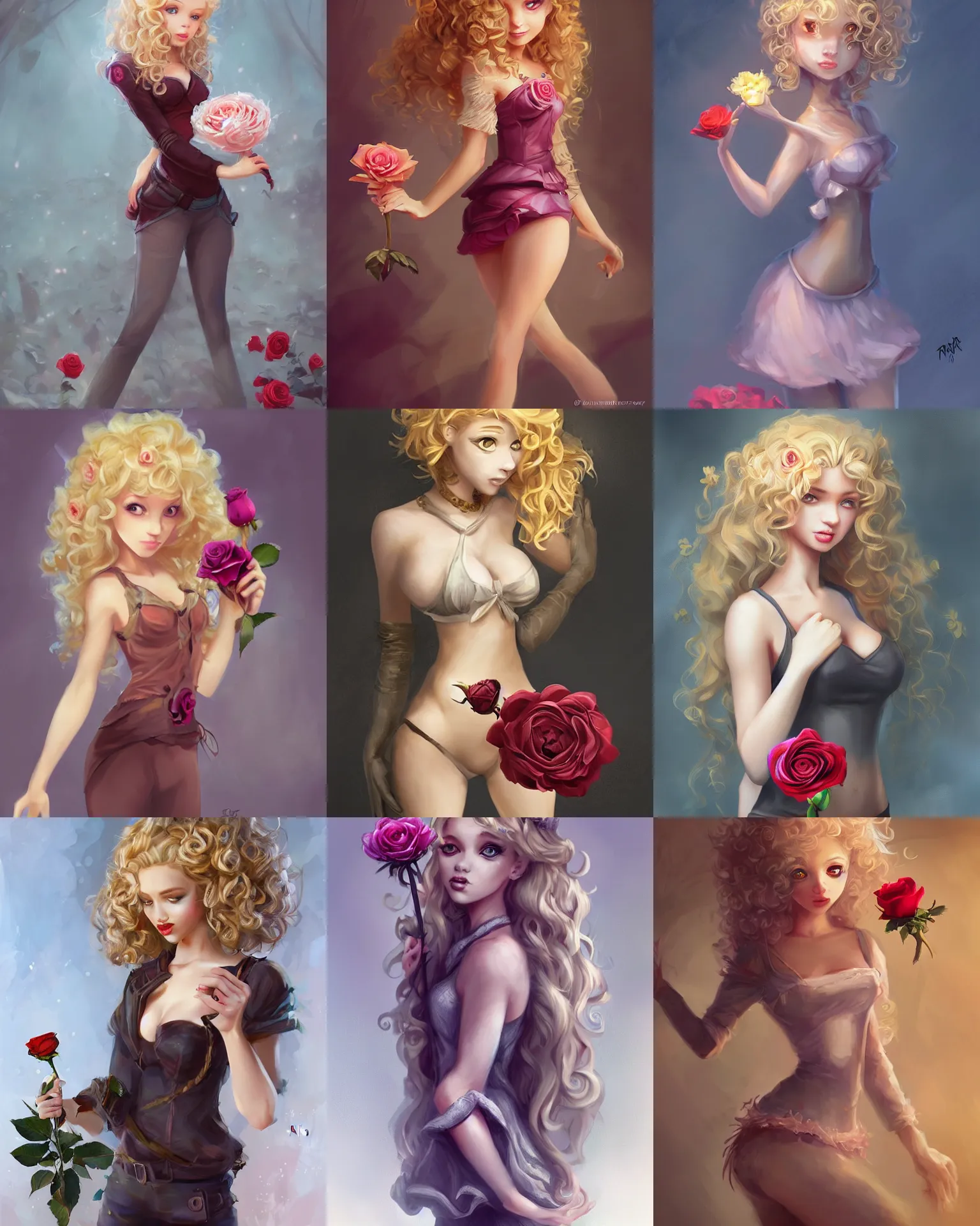 Prompt: beautiful mouse - girl, blonde curly hair, holding a rose, dark fantasy, feminine figure, gorgeous, pretty face, beautiful body, revealing outfit, high detail, tempting, realistic, zac retz