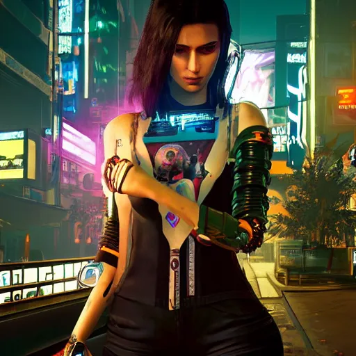 Image similar to Robot girl with long hair and tattoo style game CYBERPUNK 2077 , a very beautiful portrait, style DEUS EX: MANKIND DIVIDED, girl entwined with flowers, photorealism