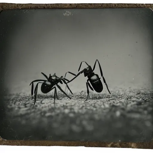 Image similar to tintype photo, underwater, two ants fighting