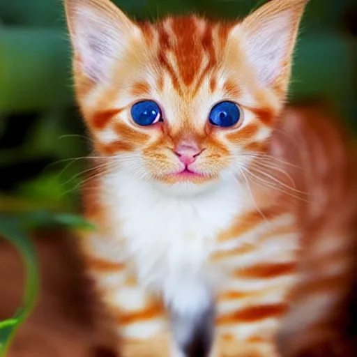 Prompt: cute ginger kitten, big green eyes, flowers,