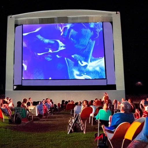 Image similar to futuristic film festival frameout shows films from predominantly domestic production on a summer outdoor cinema screen, salvador dali style