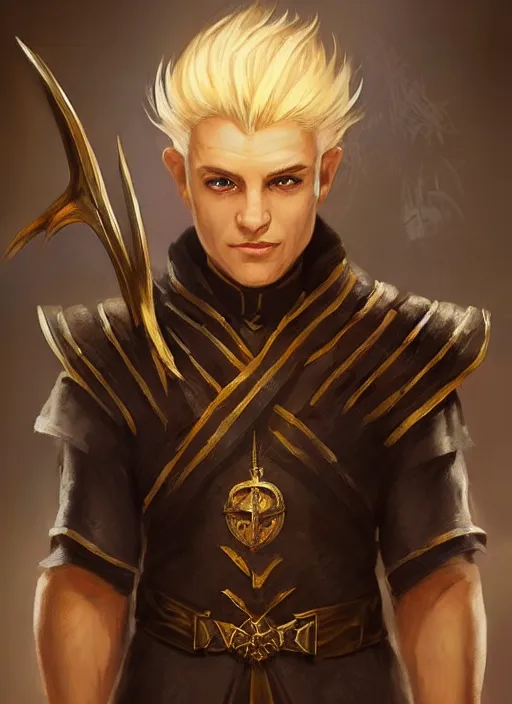 Image similar to male priest blonde parted hair healer, dndbeyond, bright, colourful, realistic, dnd character portrait, full body, pathfinder, pinterest, art by ralph horsley, dnd, rpg, lotr game design fanart by concept art, behance hd, artstation, deviantart, global illumination radiating a glowing aura global illumination ray tracing hdr render in unreal engine 5