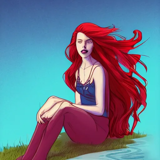 Image similar to a beautiful comic book illustration of a woman with long red hair sitting near a lake at night by daniele afferni, featured on artstation