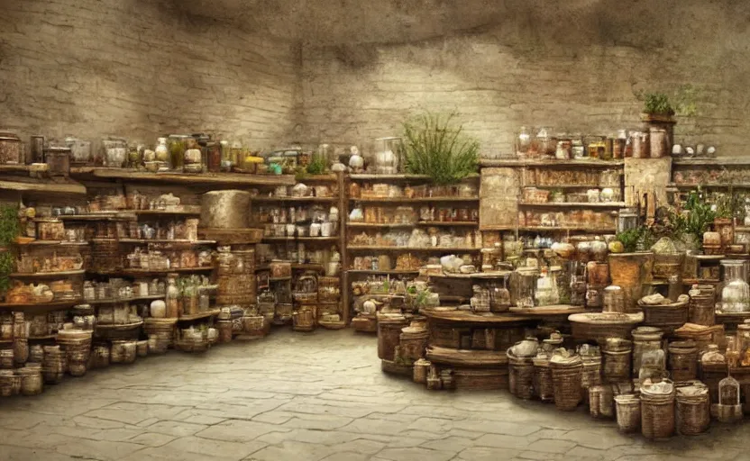 Prompt: an herbalist shop, adobe wall, a simple brick counter in the center, simple wood shelves, lots of jars and boxes of herbs, dark fantasy matte painting in the style of ruan jia and craig mullins