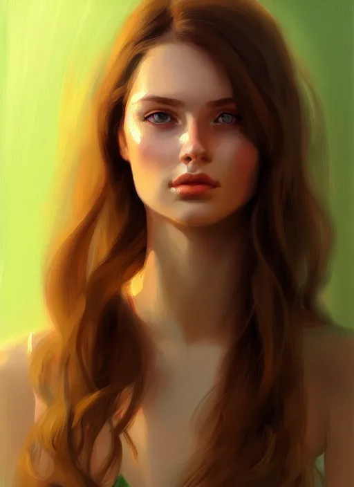 Prompt: portrait of a gorgeous young woman in the style of stefan kostic, green eyes, long brown hair, artstation, concept art