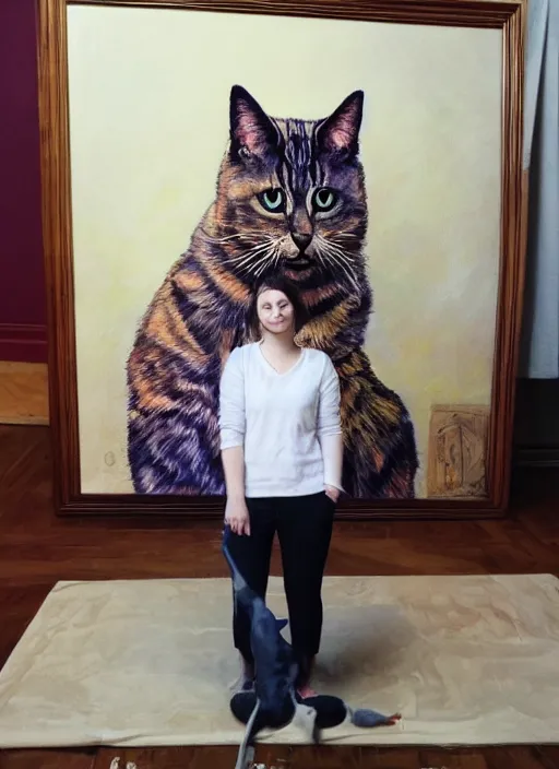 Prompt: epic portrait of me in front of cat painting