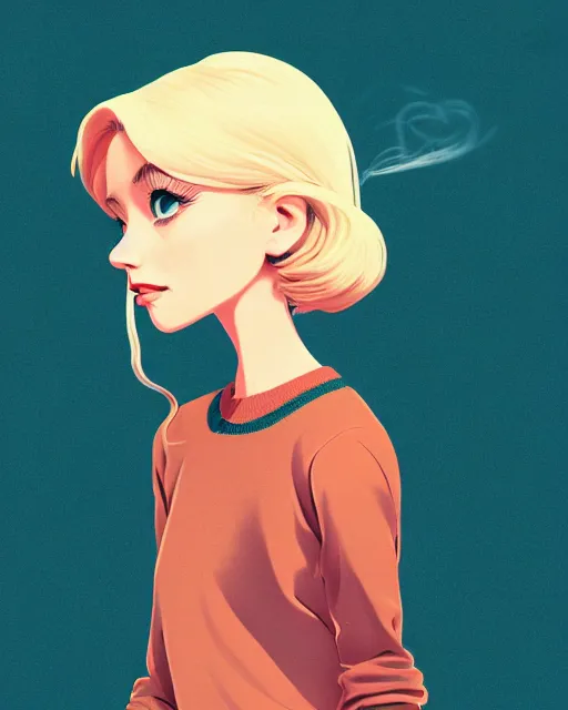 Image similar to digital illustration of pretty girl sa rina with shoulder length blonde hair wearing a sweater, from alice in wonderland, smoking, at night, by ilya kuvshinov, lois van baarle, rossdraws, basquiat