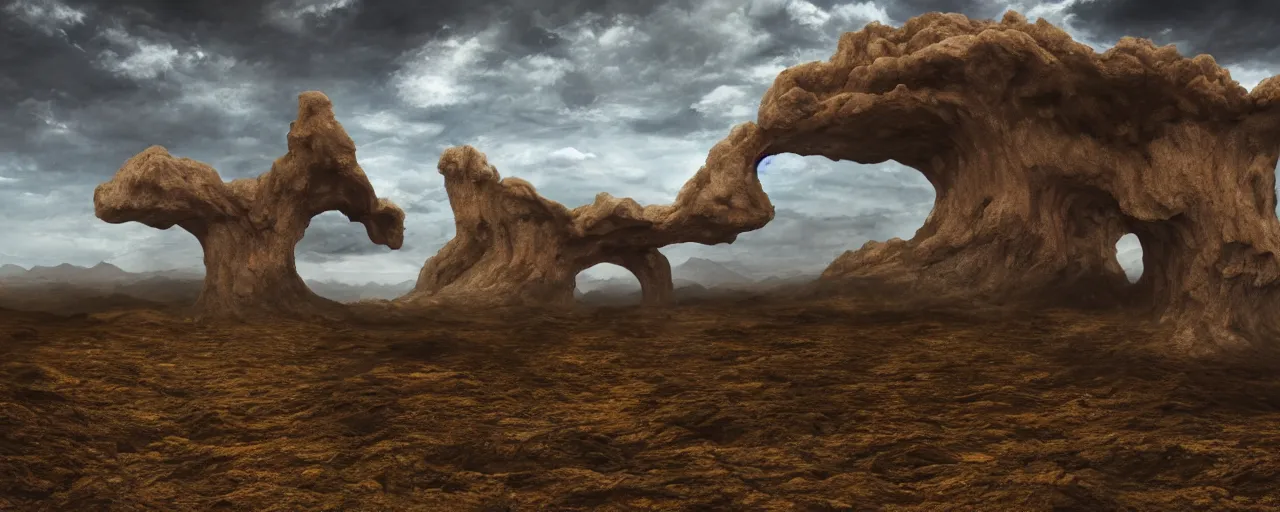 Image similar to surrealist alien landscape, realistic photography, 8k, hd