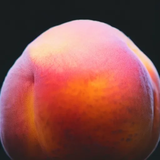 Image similar to a macro photo of a round peach's dry hairy skin, hyper realistic, hyper detailed, 35mm, very grainy film, pink volumetric studio lighting, bokeh, black background award winning shot, vogue magazine, cinematic, 8k, very closeup, elegant, tender, pastel