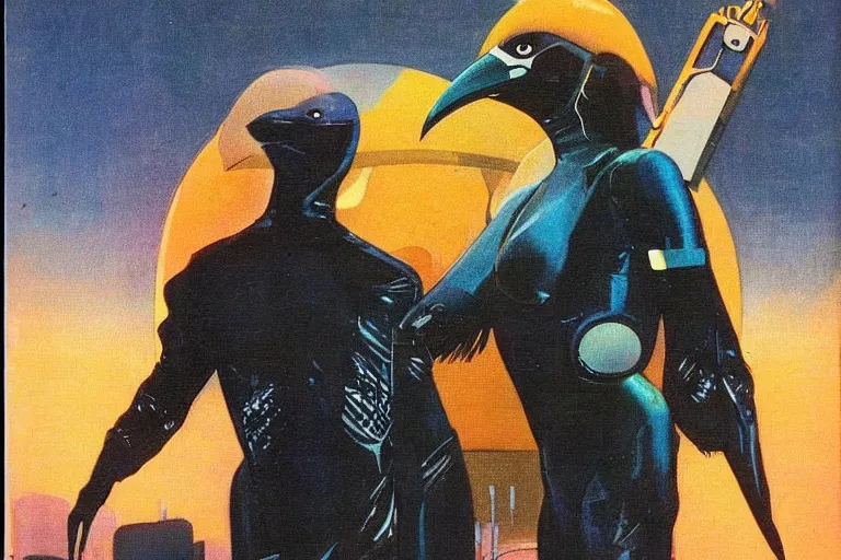 Image similar to 1979 OMNI Magazine Cover of a humanoid raven rogue. in cyberpunk style by Vincent Di Fate