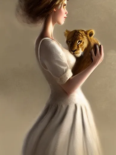 Image similar to a woman, wearing a cute white dress, holding a lion. intricate, elegant, highly detailed, digital painting, artstation, concept art, sharp focus, illustration, by justin gerard and artgerm, 8 k