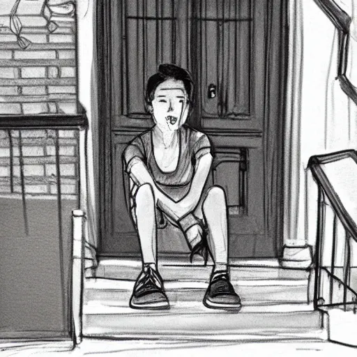 Image similar to fashion sketch of an asian teenager doing a warm up on a brownstone stoop.