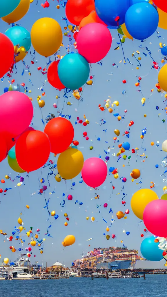 Image similar to photo of a lot of birthday balloons floating above a beautiful maritime port. sharp focus, highly - detailed, award - winning